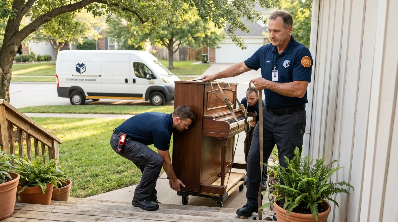 Licensed piano movers securing grand piano in Olmsted Falls, OH