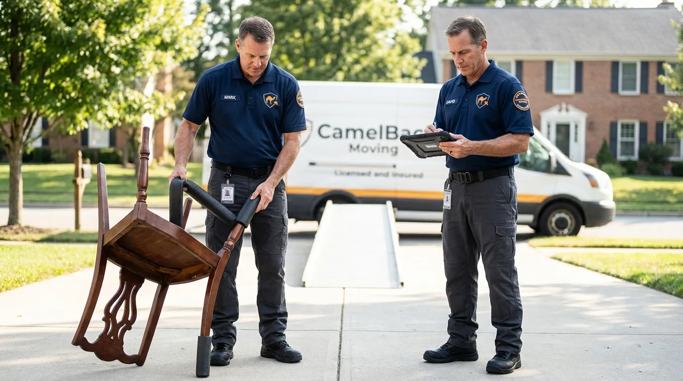Movers inspecting furniture for damage prevention before loading in Olmsted Falls, OH