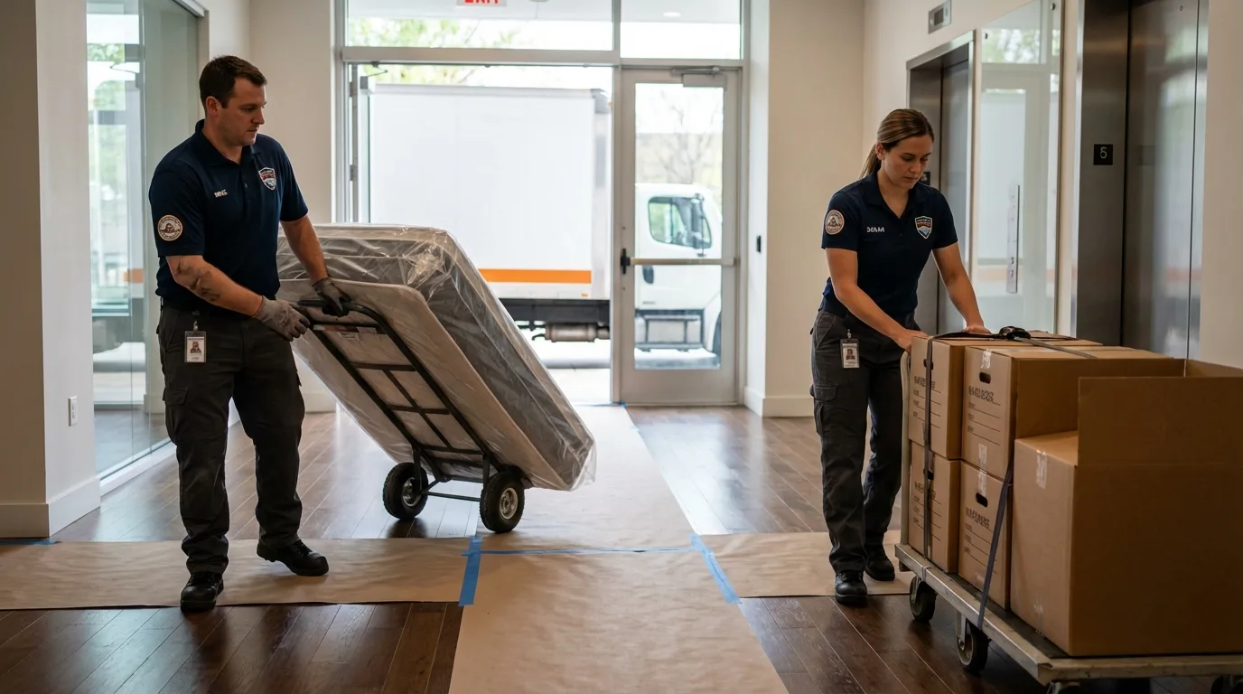 Professional apartment movers loading elevator in Olmsted Falls, OH