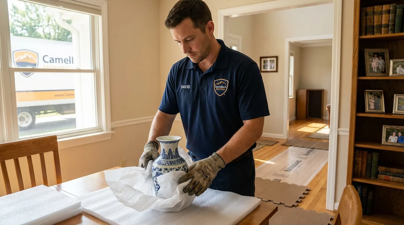 Professional crew carefully wrapping antique vase for senior downsizing move in Olmsted Falls, OH